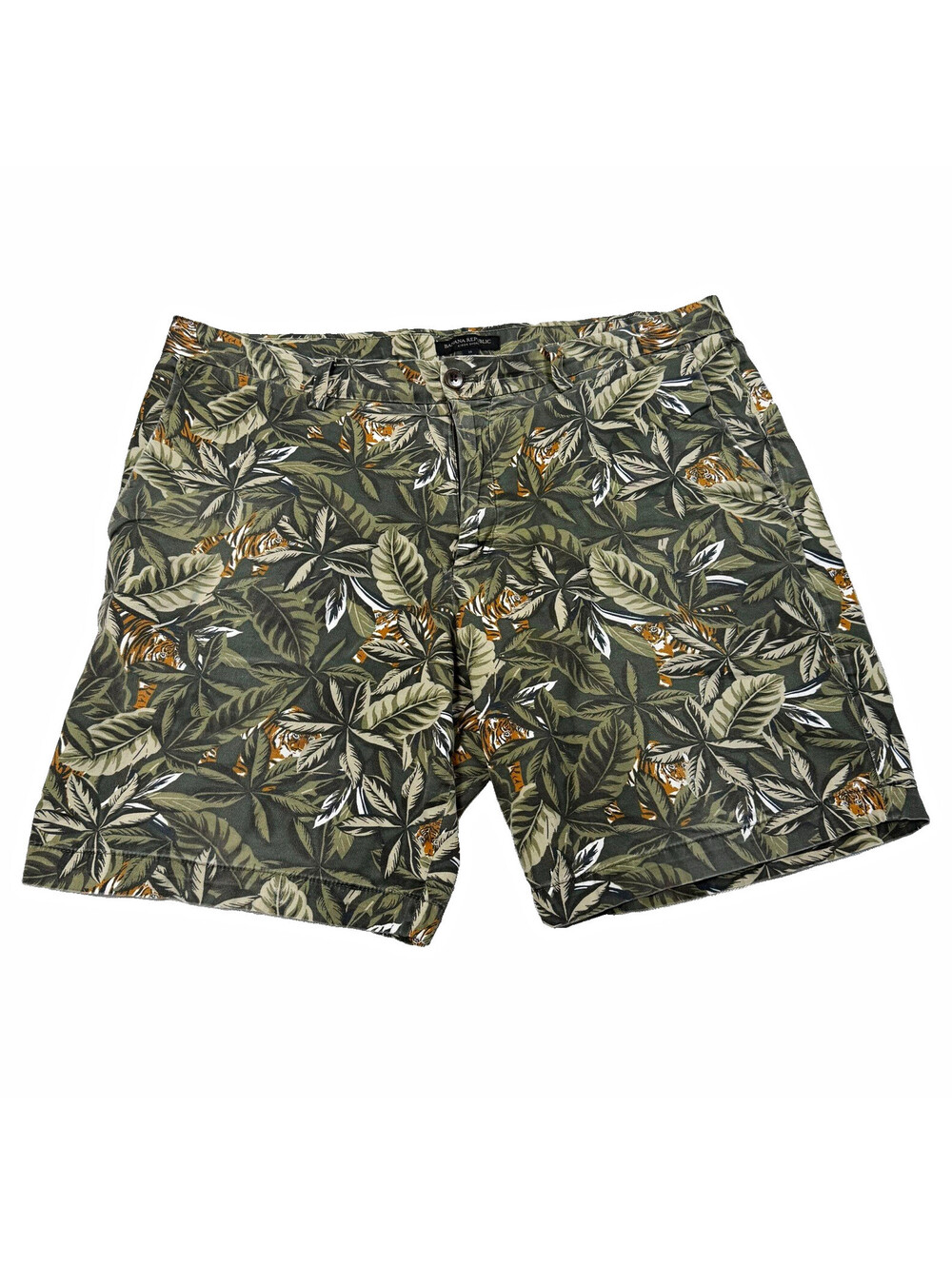 Banana Republic Aiden Men's Green Tropical Floral Tiger Chino Shorts 9" Inseam